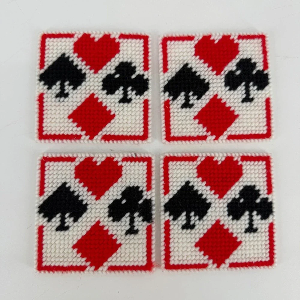 Handmade Needlepoint Playing Card Coaster Set with Tote Caddy Red Black White